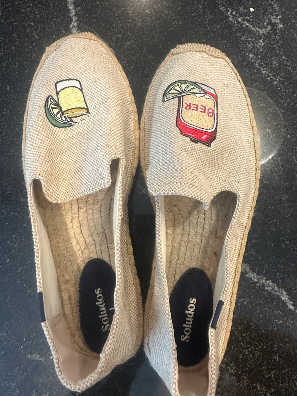 Soludos Beige Canvas Slip-On Espadrilles w/Beer & Lime Patches NWOT NEVER WORN